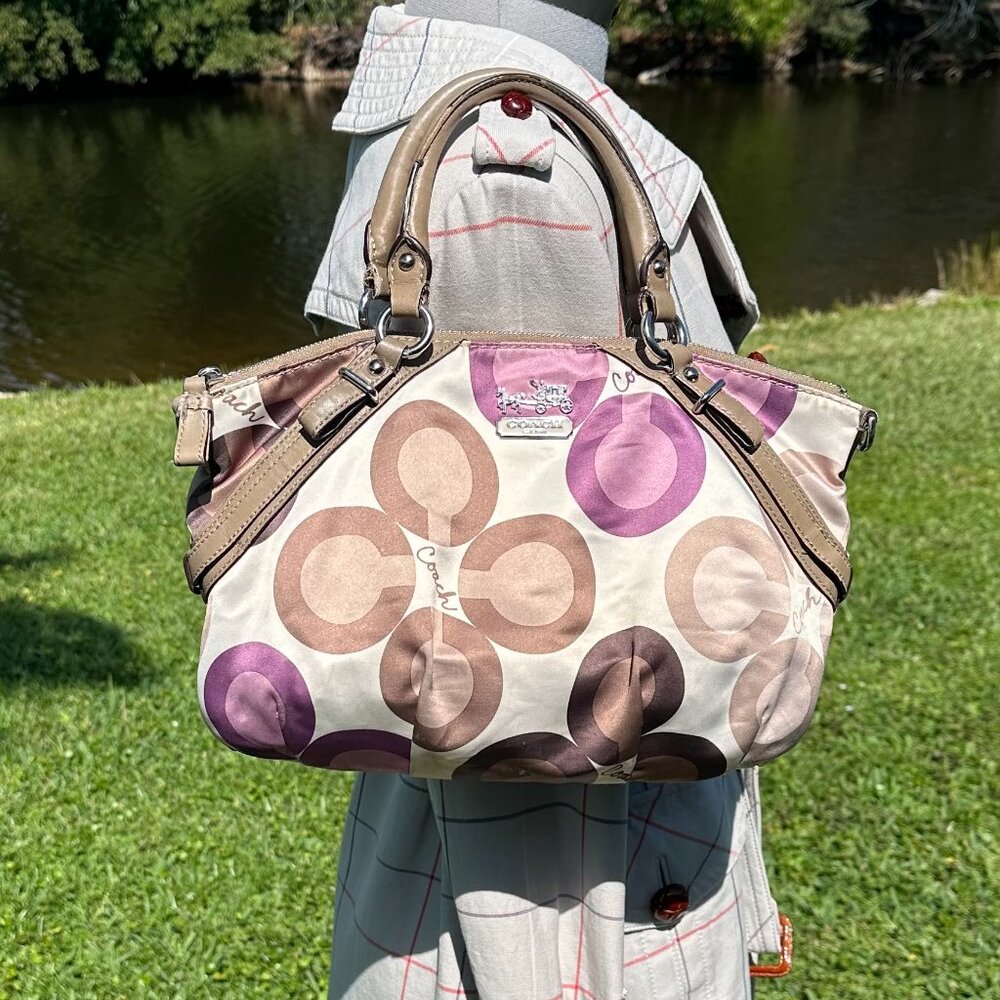 Coach Madison Clover Print Sophia Satchel Purple Pink Sateen Taupe Leather 15946